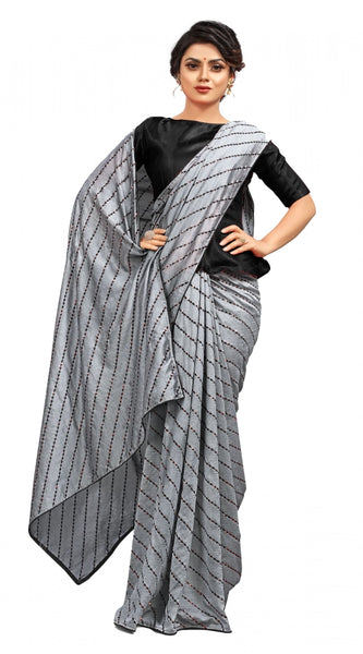 Mayawye Women's Vichitra Saree with Blouse (Grey, 5-6 Mtrs)