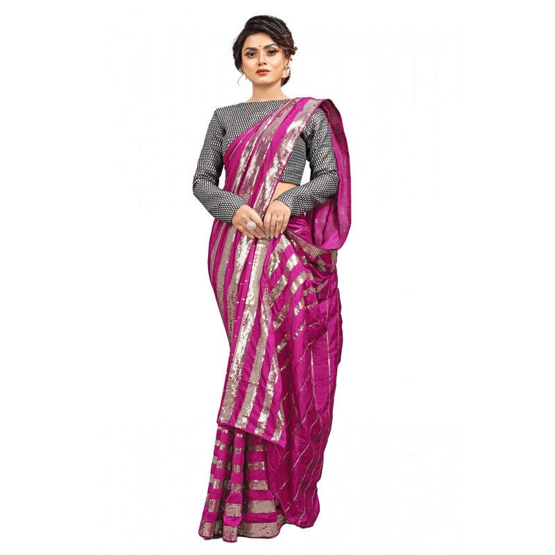 Mayawye Women's Vichitra Saree with Blouse (Pink, 5-6 Mtrs)