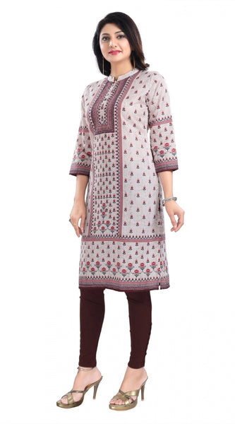 Mayawye Women's 3/4th Sleeve Cotton Blend Tunic Long Kurti (Beige)