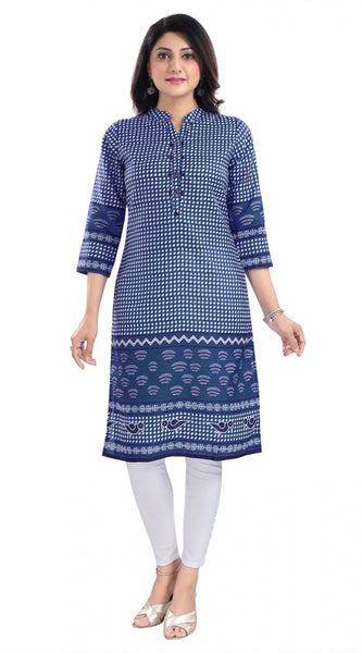 Mayawye Women's 3/4th Sleeve Cotton Blend Tunic Long Kurti (Blue)