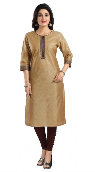 Mayawye Women's 3/4th Sleeve Silk Blend Tunic Long Kurti (Beige)