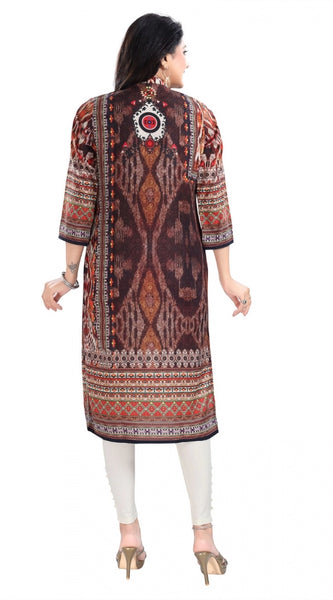 Mayawye Women's 3/4th Sleeve Masleen Tunic Long Kurti (Brown)