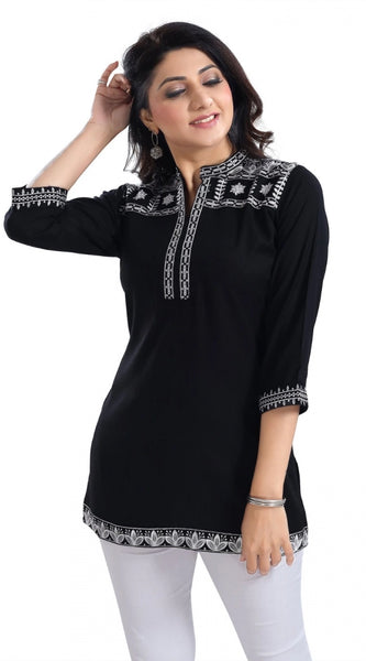 Mayawye Women's 3/4th Sleeve Viscose Tunic Short Top (Black)