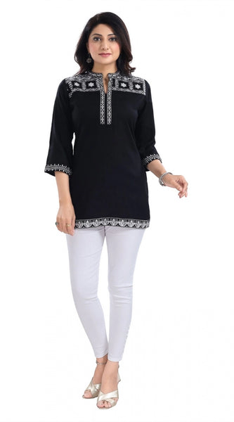 Mayawye Women's 3/4th Sleeve Viscose Tunic Short Top (Black)