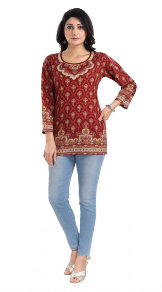 Mayawye Women's 3/4th Sleeve Summer Cool Tunic Short Top (Red)