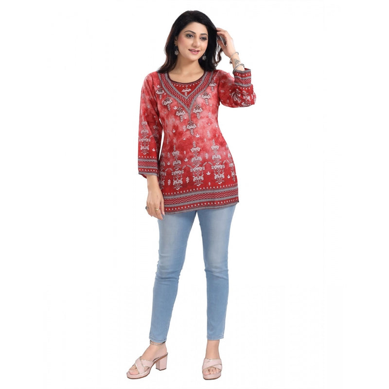 Mayawye Women's 3/4th Sleeve Faux Crepe Tunic Short Top (Red)