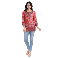 Mayawye Women's 3/4th Sleeve Faux Crepe Tunic Short Top (Red)