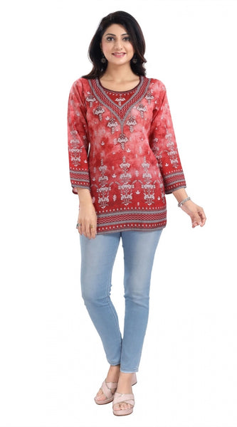 Mayawye Women's 3/4th Sleeve Faux Crepe Tunic Short Top (Red)