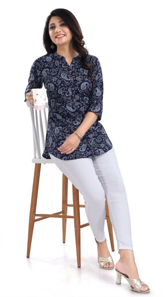 Mayawye Women's 3/4th Sleeve Polyester Tunic Short Top (Blue)