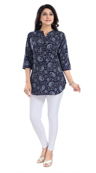 Mayawye Women's 3/4th Sleeve Polyester Tunic Short Top (Blue)