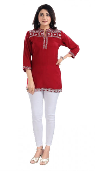 Mayawye Women's 3/4th Sleeve Viscose Tunic Short Top (Red)