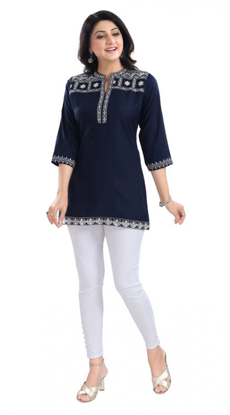 Mayawye Women's 3/4th Sleeve Viscose Tunic Short Top (Blue)