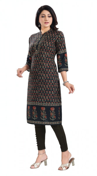 Mayawye Women's 3/4th Sleeve Cotton Blend Tunic Long Kurti (Black)