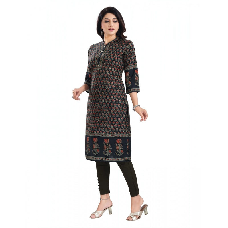 Mayawye Women's 3/4th Sleeve Cotton Blend Tunic Long Kurti (Black)