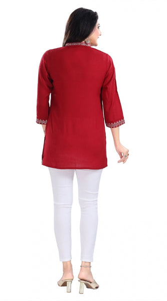 Mayawye Women's 3/4th Sleeve Viscose Tunic Short Top (Red)