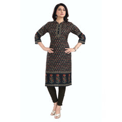 Mayawye Women's 3/4th Sleeve Cotton Blend Tunic Long Kurti (Black)
