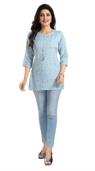 Mayawye Women's 3/4th Sleeve Viscose Blend Tunic Short Top (Blue)
