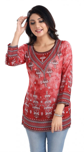 Mayawye Women's 3/4th Sleeve Faux Crepe Tunic Short Top (Red)