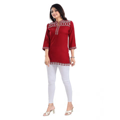 Mayawye Women's 3/4th Sleeve Viscose Tunic Short Top (Red)