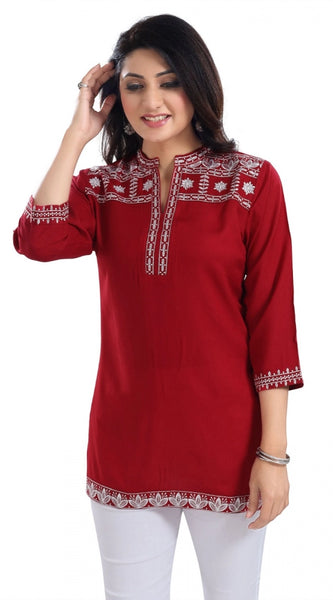 Mayawye Women's 3/4th Sleeve Viscose Tunic Short Top (Red)