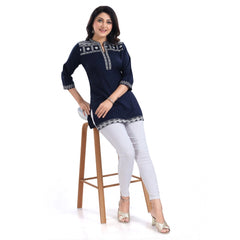 Mayawye Women's 3/4th Sleeve Viscose Tunic Short Top (Blue)