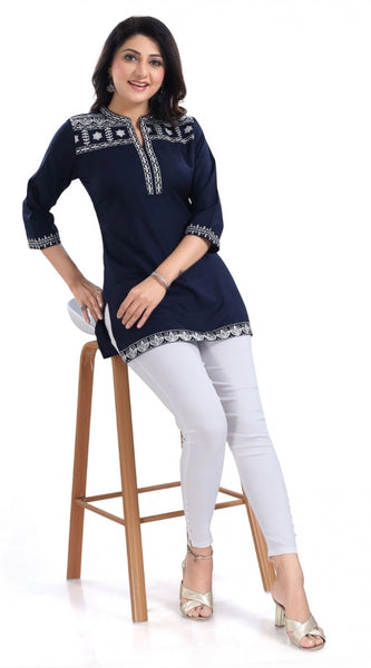 Mayawye Women's 3/4th Sleeve Viscose Tunic Short Top (Blue)
