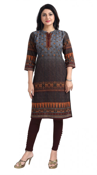 Mayawye Women's 3/4th Sleeve Cotton Blend Tunic Long Kurti (Brown)