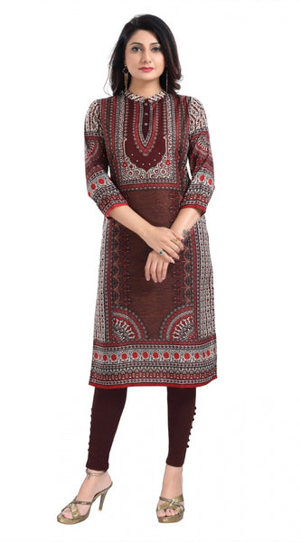 Mayawye Women's 3/4th Sleeve Masleen Tunic Long Kurti (Brown)