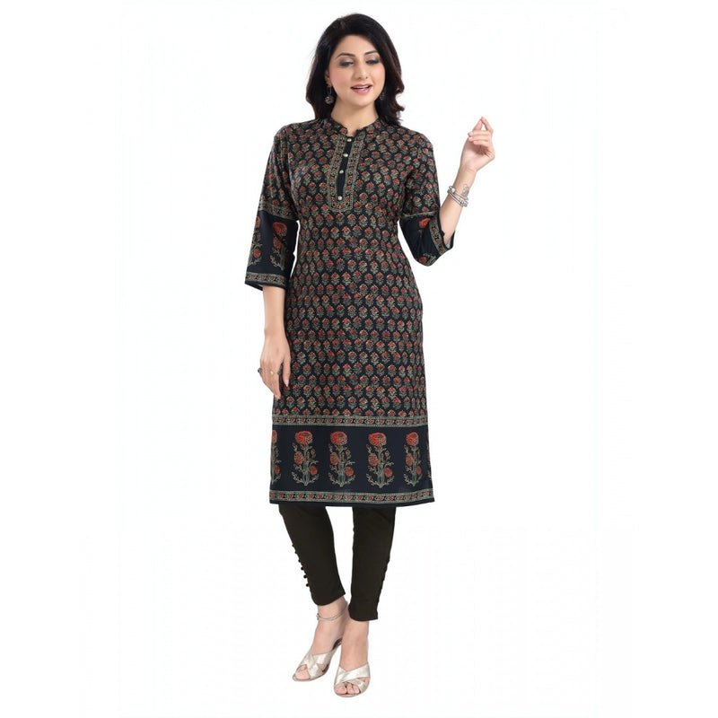 Mayawye Women's 3/4th Sleeve Cotton Blend Tunic Long Kurti (Black)