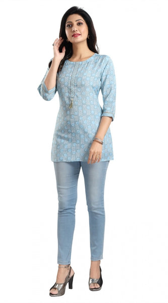 Mayawye Women's 3/4th Sleeve Viscose Blend Tunic Short Top (Blue)