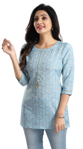 Mayawye Women's 3/4th Sleeve Viscose Blend Tunic Short Top (Blue)