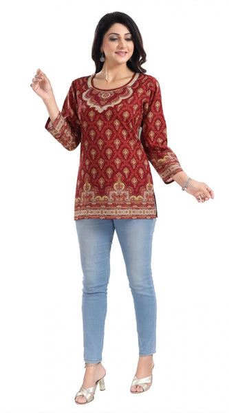 Mayawye Women's 3/4th Sleeve Summer Cool Tunic Short Top (Red)