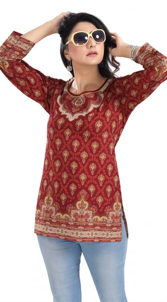 Mayawye Women's 3/4th Sleeve Summer Cool Tunic Short Top (Red)