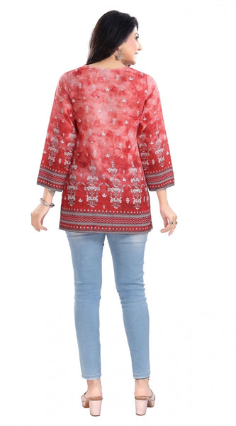 Mayawye Women's 3/4th Sleeve Faux Crepe Tunic Short Top (Red)