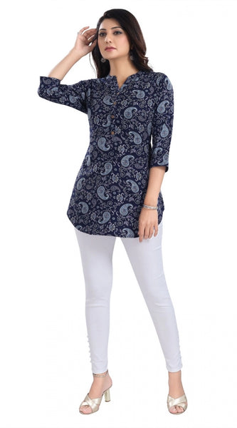 Mayawye Women's 3/4th Sleeve Polyester Tunic Short Top (Blue)