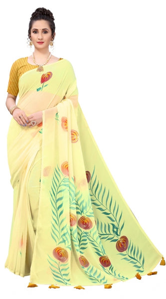 Mayawye Women's Georgette Floral Hand Printed Sarees (Yellow, 5-6 Mtrs)
