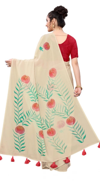 Mayawye Women's Georgette Floral Hand Printed Sarees (Beige, 5-6 Mtrs)