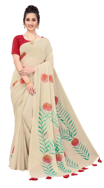 Mayawye Women's Georgette Floral Hand Printed Sarees (Beige, 5-6 Mtrs)
