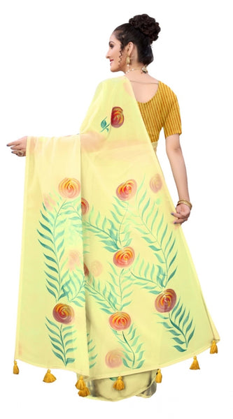 Mayawye Women's Georgette Floral Hand Printed Sarees (Yellow, 5-6 Mtrs)