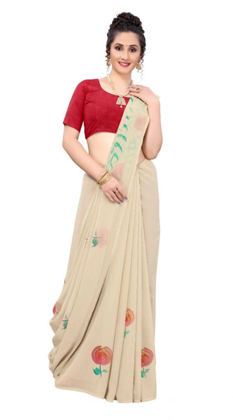 Mayawye Women's Georgette Floral Hand Printed Sarees (Beige, 5-6 Mtrs)