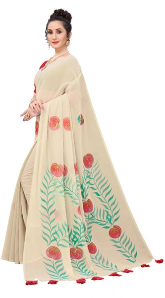 Mayawye Women's Georgette Floral Hand Printed Sarees (Beige, 5-6 Mtrs)