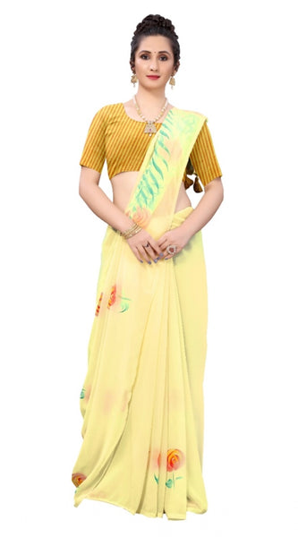 Mayawye Women's Georgette Floral Hand Printed Sarees (Yellow, 5-6 Mtrs)