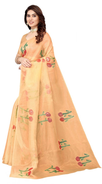 Mayawye Women's Organza Floral Pattern Sarees (Orange, 5-6 Mtrs)