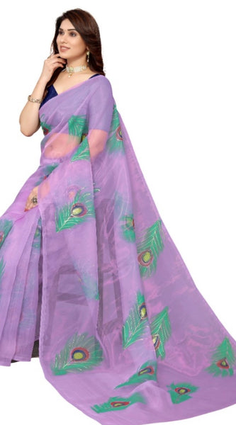 Mayawye Women's Organza Floral Pattern Sarees (Lavendor, 5-6 Mtrs)