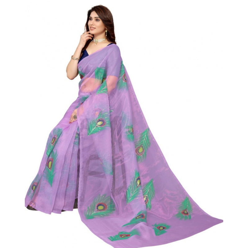 Mayawye Women's Organza Floral Pattern Sarees (Lavendor, 5-6 Mtrs)
