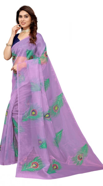 Mayawye Women's Organza Floral Pattern Sarees (Lavendor, 5-6 Mtrs)