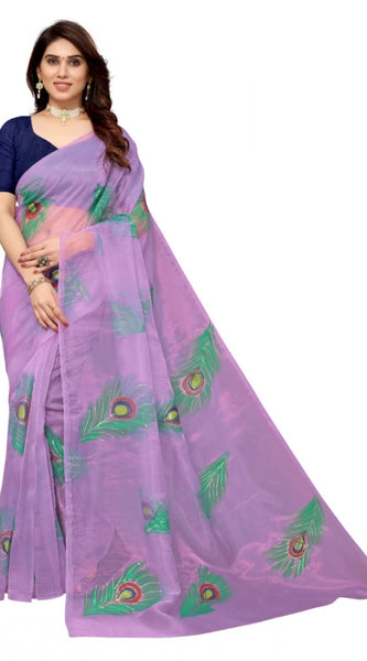 Mayawye Women's Organza Floral Pattern Sarees (Lavendor, 5-6 Mtrs)