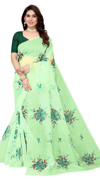 Mayawye Women's Organza Floral Pattern Sarees (Parrot Green, 5-6 Mtrs)