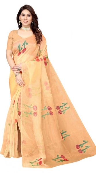 Mayawye Women's Organza Floral Pattern Sarees (Orange, 5-6 Mtrs)