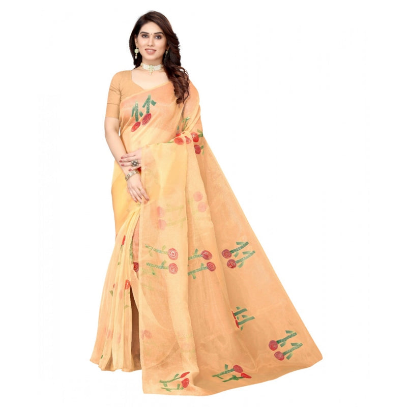 Mayawye Women's Organza Floral Pattern Sarees (Orange, 5-6 Mtrs)
